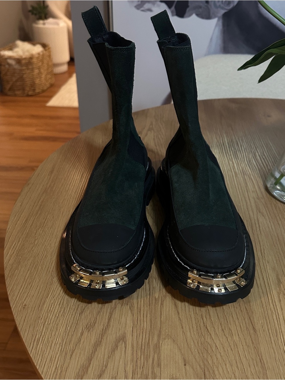 Sandro Green Suede Liam Boots with Gold Accents
